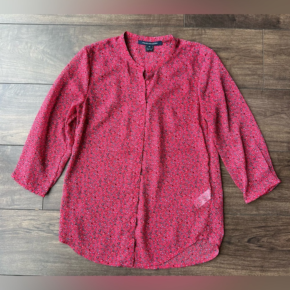 French Connection Aubine Crinkle Blouse - XS - Pink Blue Ditsy Floral 3/4 Sleeve